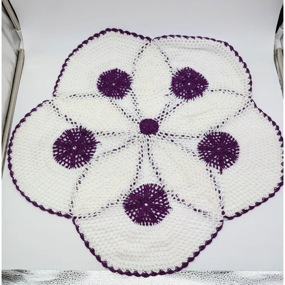 Large Crocheted Round White Purple Raised 3D Flower Doily 25